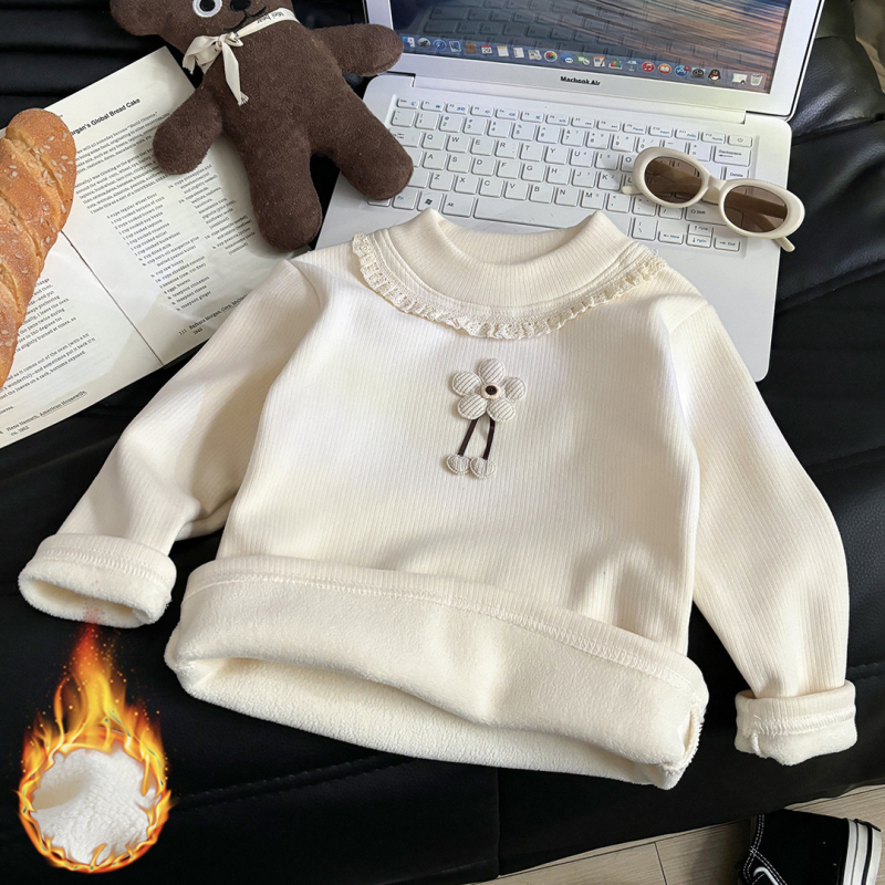 Lányoknak készült fleece alapréteg felső virágmintával, kerek nyakkal, hosszú ujjú, téli és őszi szezonhoz, anyag: poliészter 93,6% / spandex 6,4%