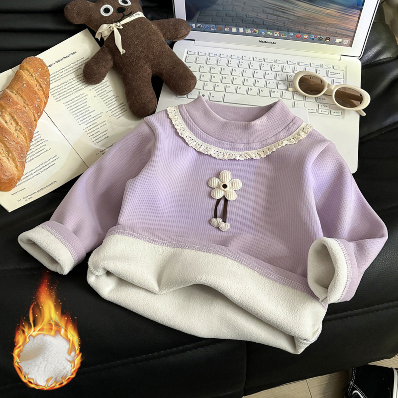 Lányoknak készült fleece alapréteg felső virágmintával, kerek nyakkal, hosszú ujjú, téli és őszi szezonhoz, anyag: poliészter 93,6% / spandex 6,4%