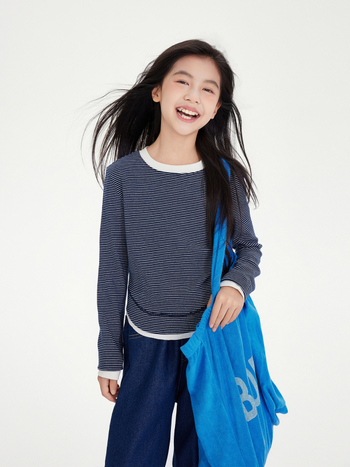 Top tricotat pentru fete, cu mâneci lungi, în dungi, guler rotund, 95% bumbac, stil coreean