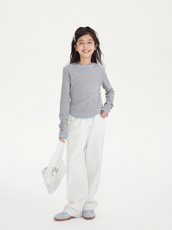 Top tricotat pentru fete, cu mâneci lungi, în dungi, guler rotund, 95% bumbac, stil coreean