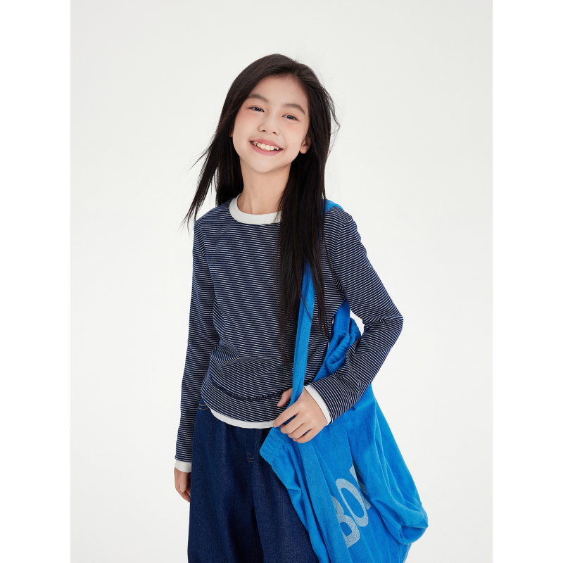 Top tricotat pentru fete, cu mâneci lungi, în dungi, guler rotund, 95% bumbac, stil coreean