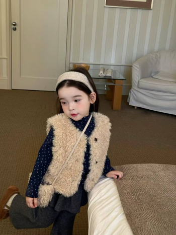 Vestă tricotată pentru copii, versiune coreeană, din blană artificială, groasă, închidere cu nasturi, căptușeală și umplutură din poliester