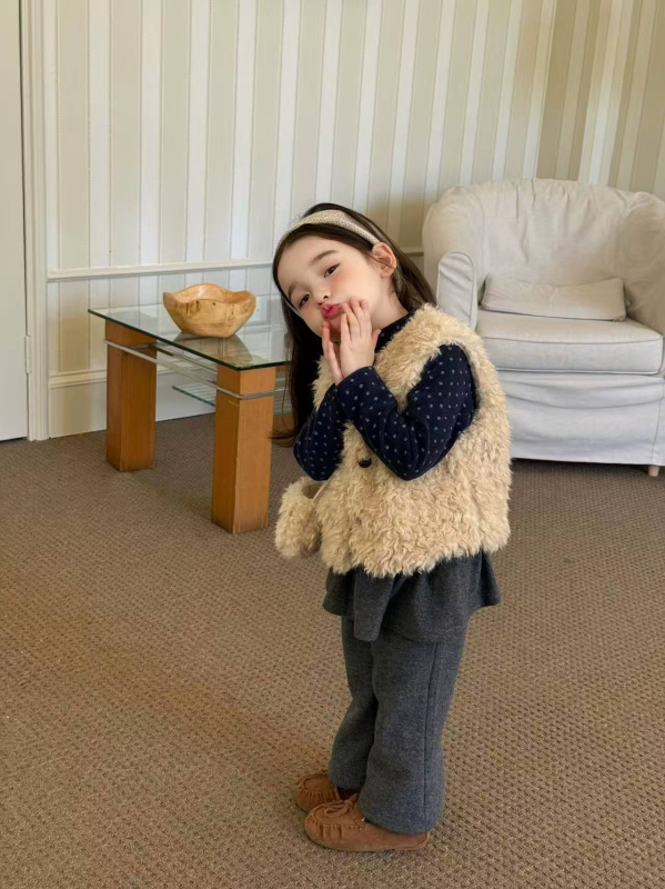 Vestă tricotată pentru copii, versiune coreeană, din blană artificială, groasă, închidere cu nasturi, căptușeală și umplutură din poliester