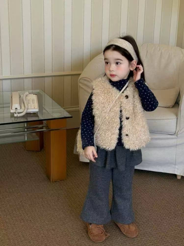 Vestă tricotată pentru copii, versiune coreeană, din blană artificială, groasă, închidere cu nasturi, căptușeală și umplutură din poliester