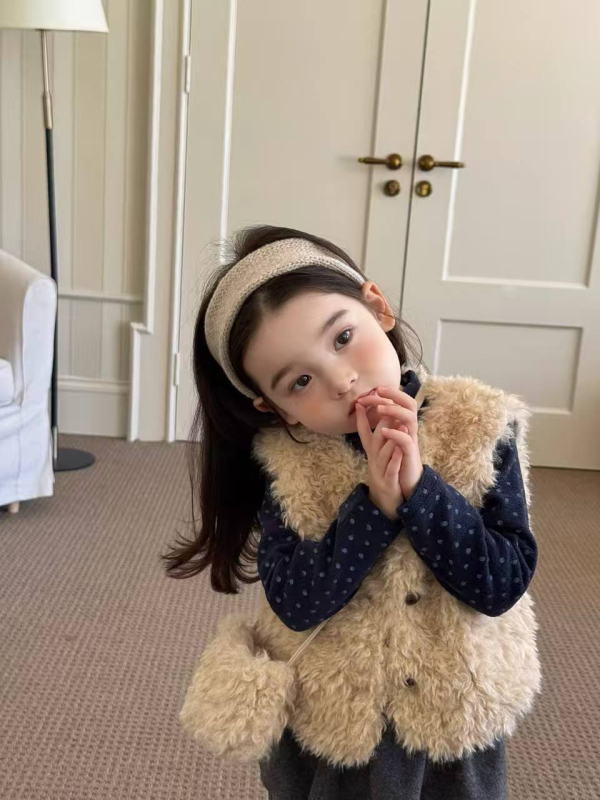 Vestă tricotată pentru copii, versiune coreeană, din blană artificială, groasă, închidere cu nasturi, căptușeală și umplutură din poliester