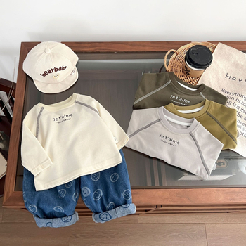 Tricou pentru bebeluți, stil coreean, mâneci lungi, din bumbac, guler rotund, material moale, pentru sugari și copii mici