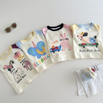 Tricou pentru copii cu mânecă lungă din amestec de bumbac, guler rotund, unisex, model desen animat