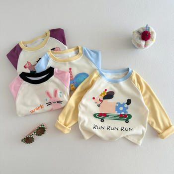 Tricou pentru copii cu mânecă lungă din amestec de bumbac, guler rotund, unisex, model desen animat