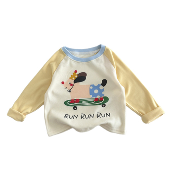 Tricou pentru copii cu mânecă lungă din amestec de bumbac, guler rotund, unisex, model desen animat