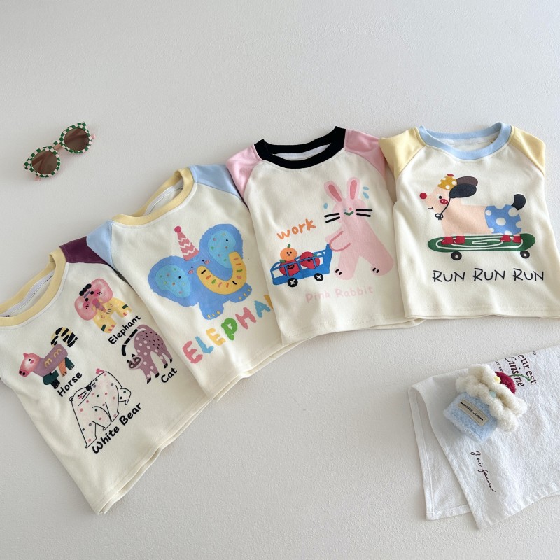 Tricou pentru copii cu mânecă lungă din amestec de bumbac, guler rotund, unisex, model desen animat