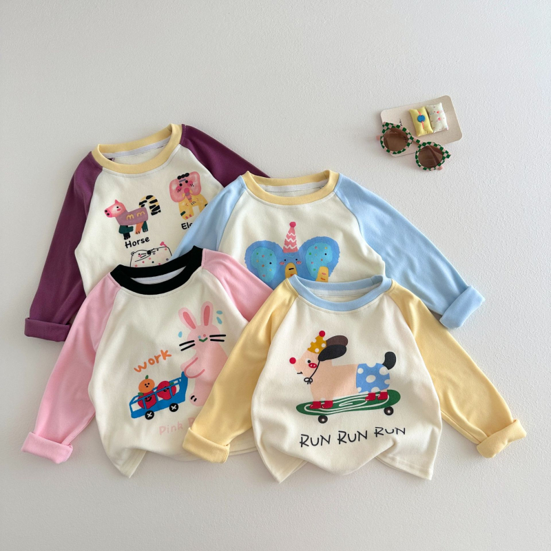 Tricou pentru copii cu mânecă lungă din amestec de bumbac, guler rotund, unisex, model desen animat