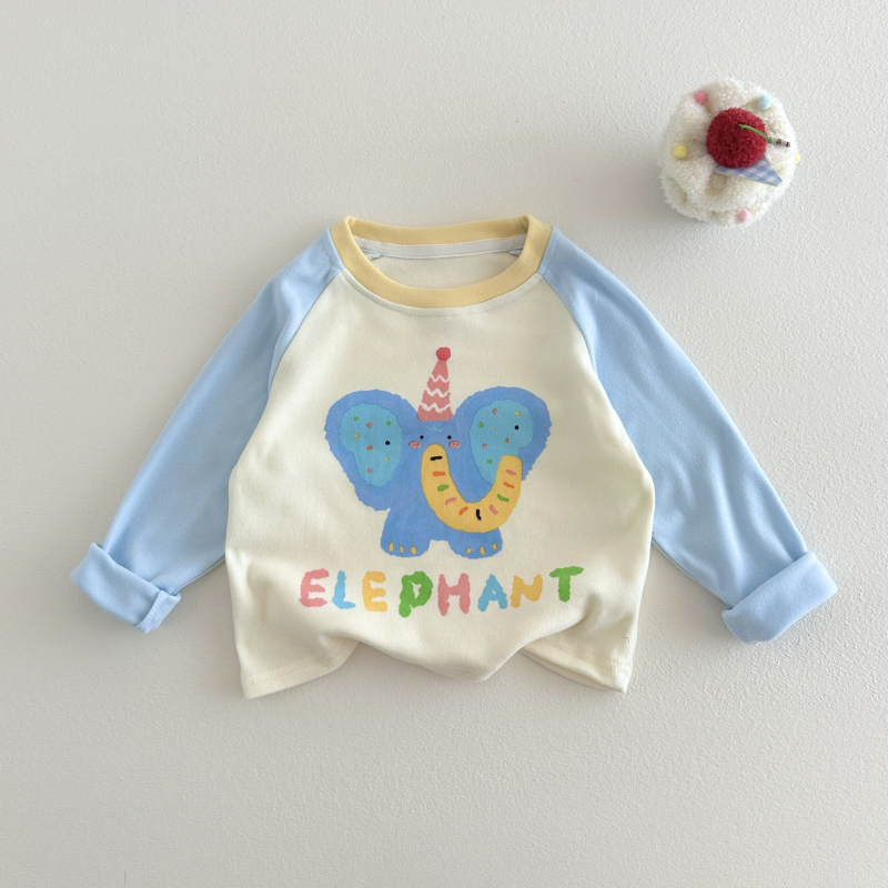 Tricou pentru copii cu mânecă lungă din amestec de bumbac, guler rotund, unisex, model desen animat