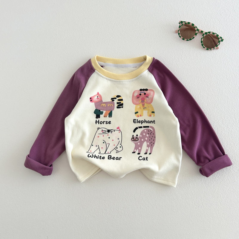 Tricou pentru copii cu mânecă lungă din amestec de bumbac, guler rotund, unisex, model desen animat