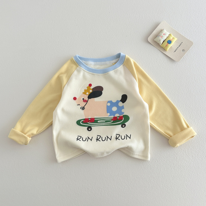 Tricou pentru copii cu mânecă lungă din amestec de bumbac, guler rotund, unisex, model desen animat