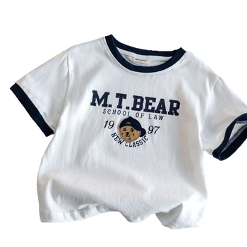 Tricou copii din bumbac 95%, mâneci scurte, broderie cu ursuleț, guler rotund, vară 2025, pentru vârsta 1–3 ani, țesătură moale