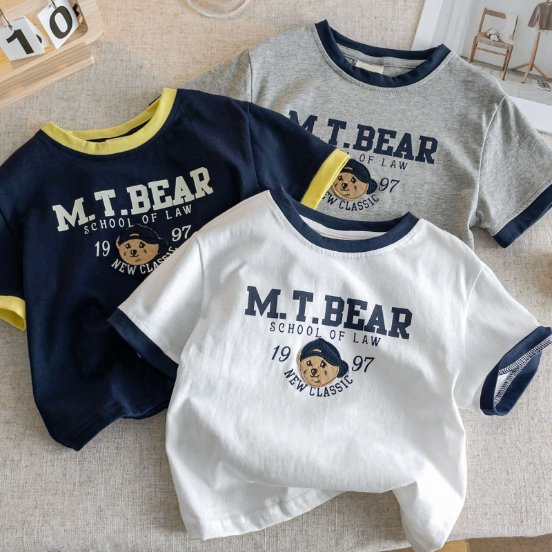 Tricou copii din bumbac 95%, mâneci scurte, broderie cu ursuleț, guler rotund, vară 2025, pentru vârsta 1–3 ani, țesătură moale