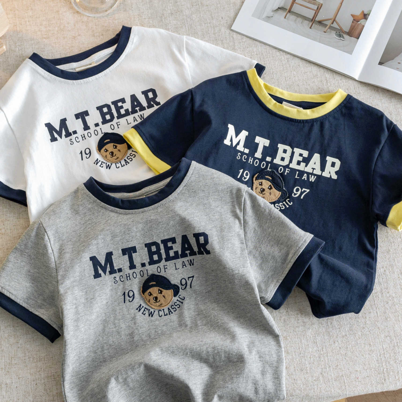 Tricou copii din bumbac 95%, mâneci scurte, broderie cu ursuleț, guler rotund, vară 2025, pentru vârsta 1–3 ani, țesătură moale
