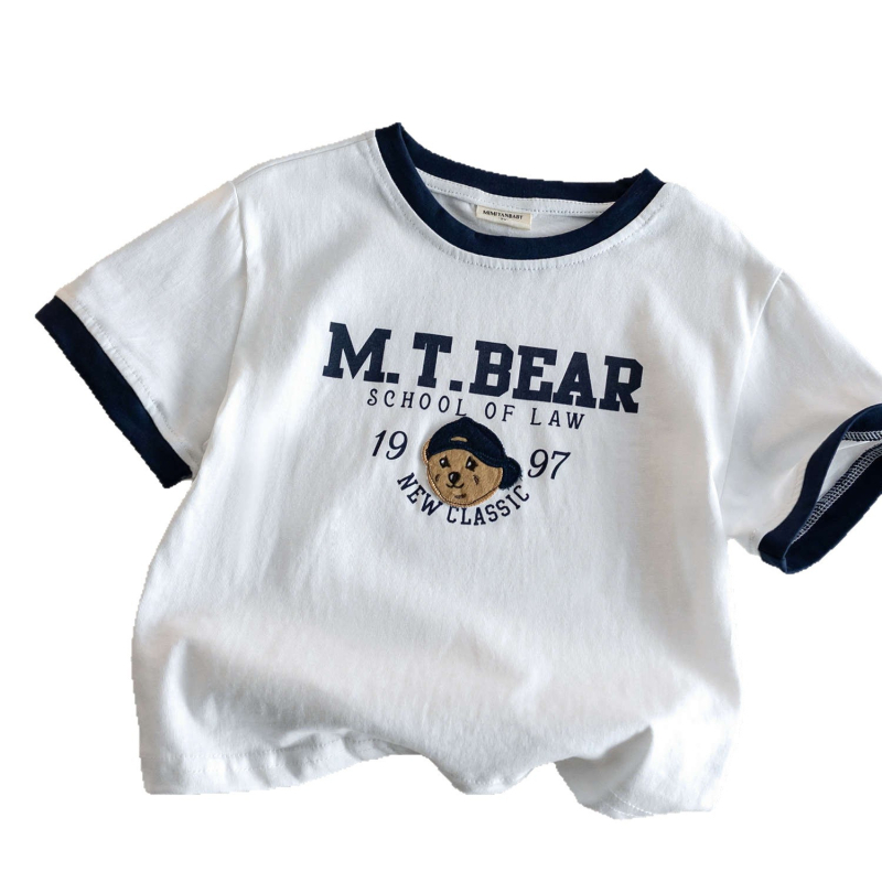 Tricou copii din bumbac 95%, mâneci scurte, broderie cu ursuleț, guler rotund, vară 2025, pentru vârsta 1–3 ani, țesătură moale