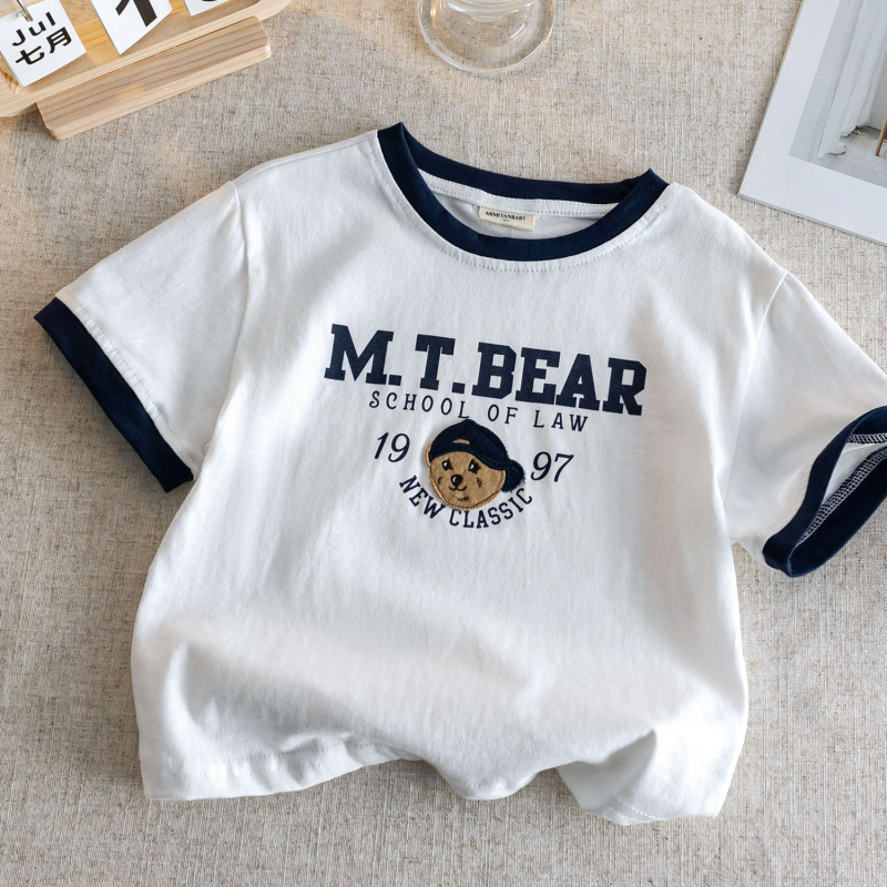 Tricou copii din bumbac 95%, mâneci scurte, broderie cu ursuleț, guler rotund, vară 2025, pentru vârsta 1–3 ani, țesătură moale