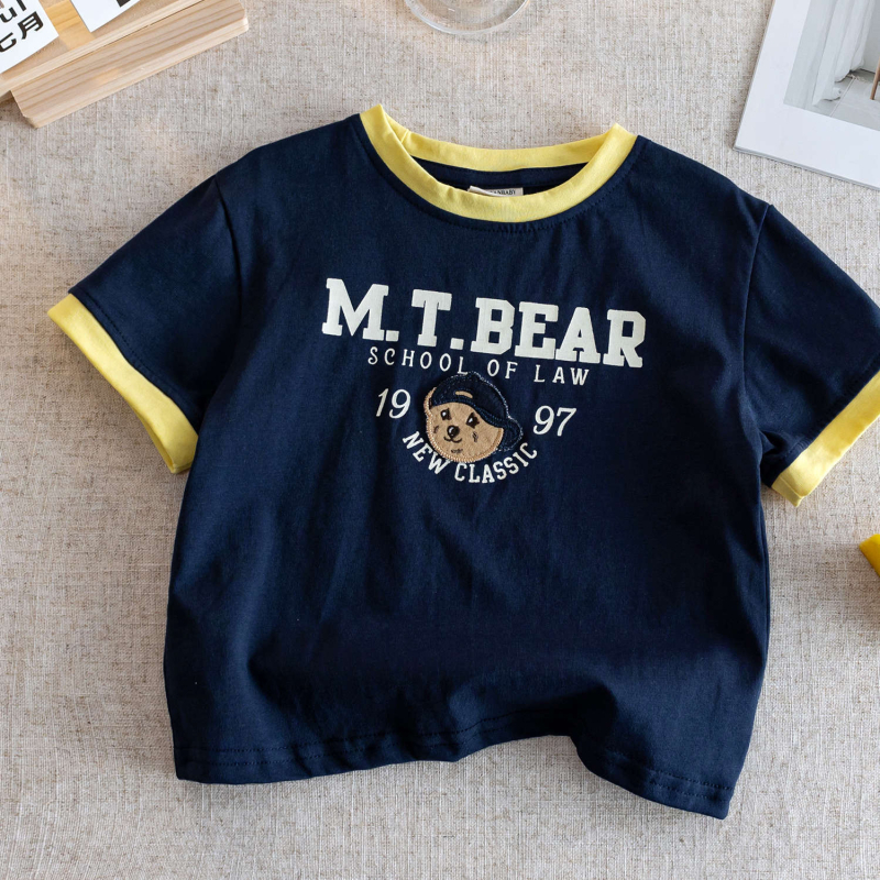 Tricou copii din bumbac 95%, mâneci scurte, broderie cu ursuleț, guler rotund, vară 2025, pentru vârsta 1–3 ani, țesătură moale