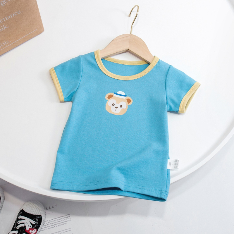 Tricou copii din bumbac 95%, mâneci scurte, broderie cu ursuleț, guler rotund, vară 2025, pentru vârsta 1–3 ani, țesătură moale