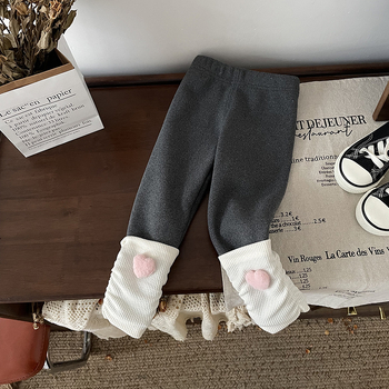 Pantaloni fete cu fleece captusit, căptușeală în formă de inimă, stil coreean, 95% poliester, talie medie, toamnă-iarnă