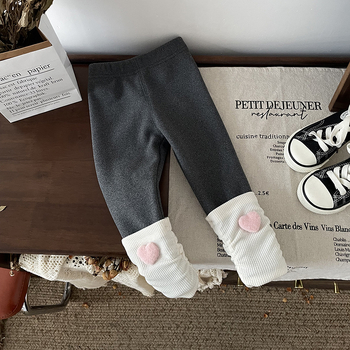 Pantaloni fete cu fleece captusit, căptușeală în formă de inimă, stil coreean, 95% poliester, talie medie, toamnă-iarnă