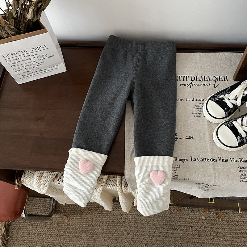 Pantaloni fete cu fleece captusit, căptușeală în formă de inimă, stil coreean, 95% poliester, talie medie, toamnă-iarnă