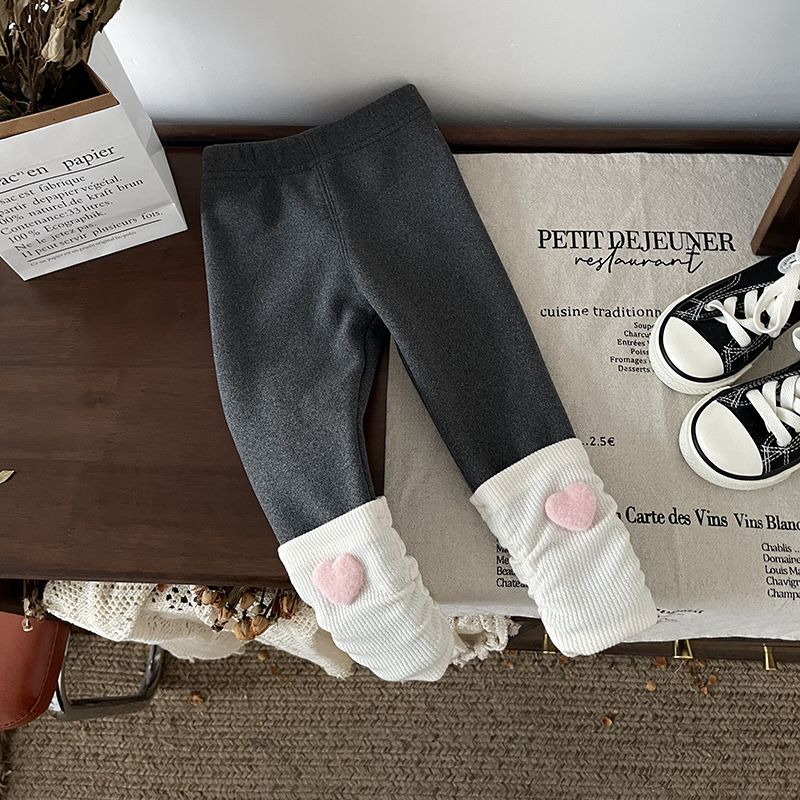 Pantaloni fete cu fleece captusit, căptușeală în formă de inimă, stil coreean, 95% poliester, talie medie, toamnă-iarnă