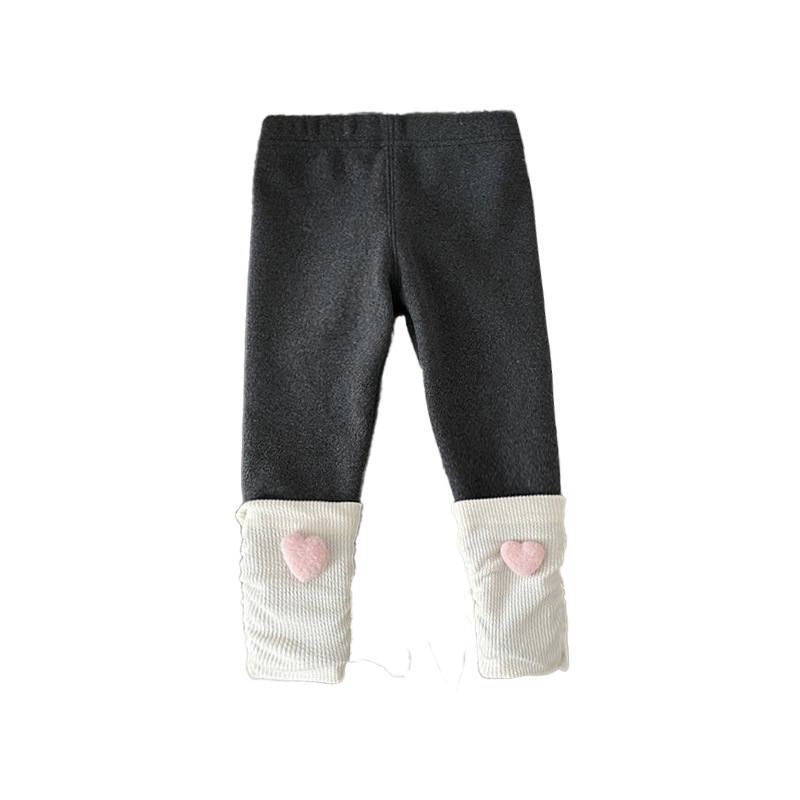 Pantaloni fete cu fleece captusit, căptușeală în formă de inimă, stil coreean, 95% poliester, talie medie, toamnă-iarnă