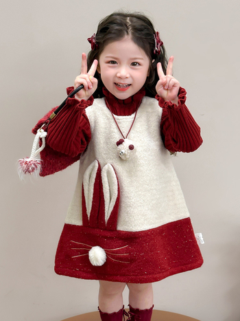 Set de două piese pentru fete, stil coreean: vestă și rochie, pentru 3–8 ani, iarnă, model desen animat