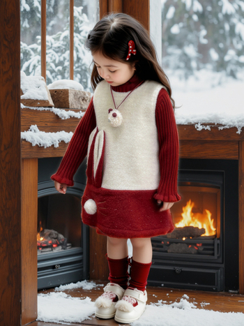 Set de două piese pentru fete, stil coreean: vestă și rochie, pentru 3–8 ani, iarnă, model desen animat