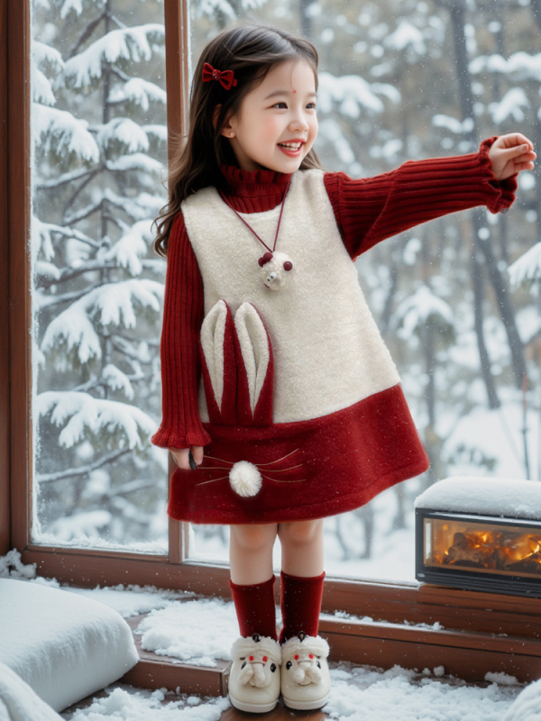 Set de două piese pentru fete, stil coreean: vestă și rochie, pentru 3–8 ani, iarnă, model desen animat