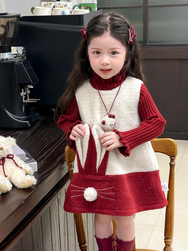 Set de două piese pentru fete, stil coreean: vestă și rochie, pentru 3–8 ani, iarnă, model desen animat