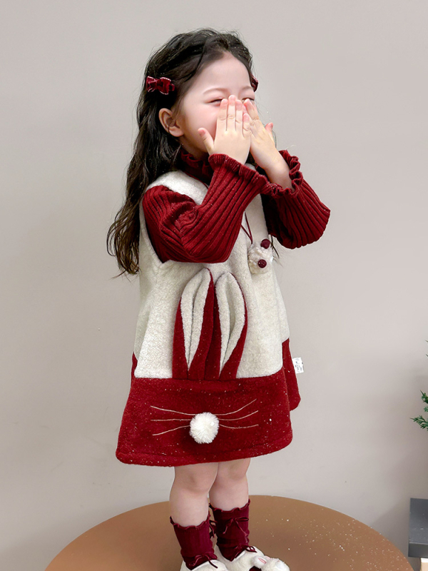 Set de două piese pentru fete, stil coreean: vestă și rochie, pentru 3–8 ani, iarnă, model desen animat