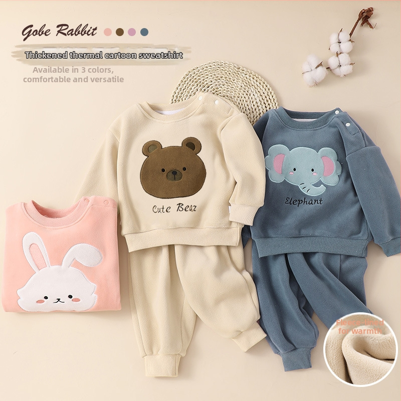 Set din două piese pentru copii: bluza cu fleece interior și pantaloni, imprimeu desen animat, 95% poliester, mâneci lungi, fără glugă, grosime normală