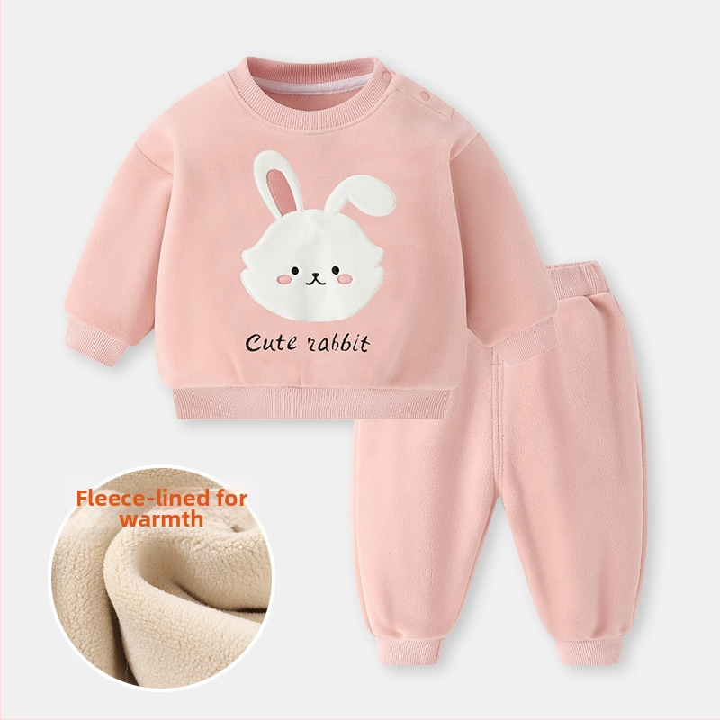 Set din două piese pentru copii: bluza cu fleece interior și pantaloni, imprimeu desen animat, 95% poliester, mâneci lungi, fără glugă, grosime normală