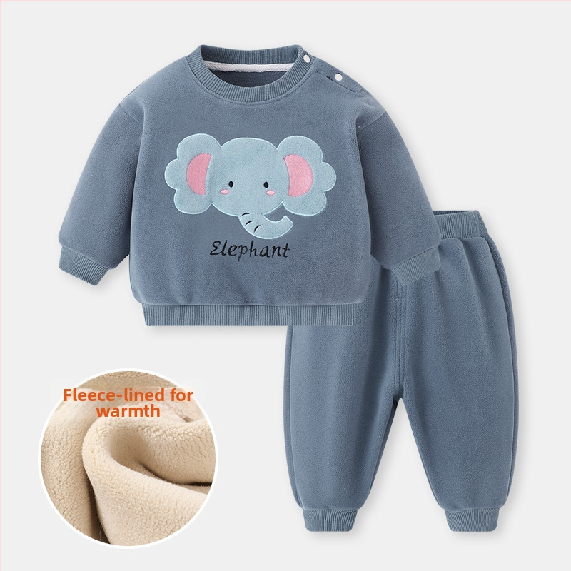 Set din două piese pentru copii: bluza cu fleece interior și pantaloni, imprimeu desen animat, 95% poliester, mâneci lungi, fără glugă, grosime normală