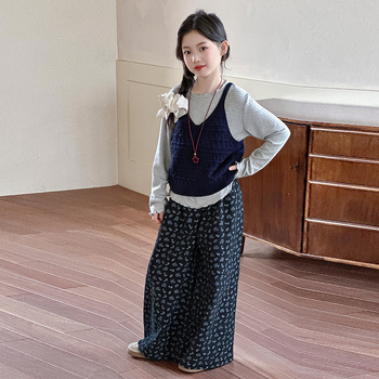 Set trei piese pentru fete, Stil coreean, Tricot acrilic, Mâneci lungi, Pulover, Model: solid/ desen animat/ avatar, Toamnă 2025