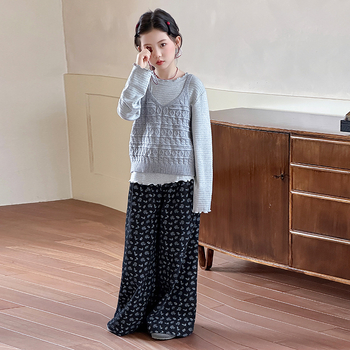 Set trei piese pentru fete, Stil coreean, Tricot acrilic, Mâneci lungi, Pulover, Model: solid/ desen animat/ avatar, Toamnă 2025