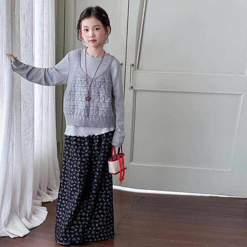 Set trei piese pentru fete, Stil coreean, Tricot acrilic, Mâneci lungi, Pulover, Model: solid/ desen animat/ avatar, Toamnă 2025