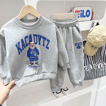 Costum pentru copii din două piese, cu model animal desenat, mâneci lungi, top pulover, 95% bumbac