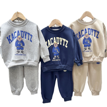 Costum pentru copii din două piese, cu model animal desenat, mâneci lungi, top pulover, 95% bumbac