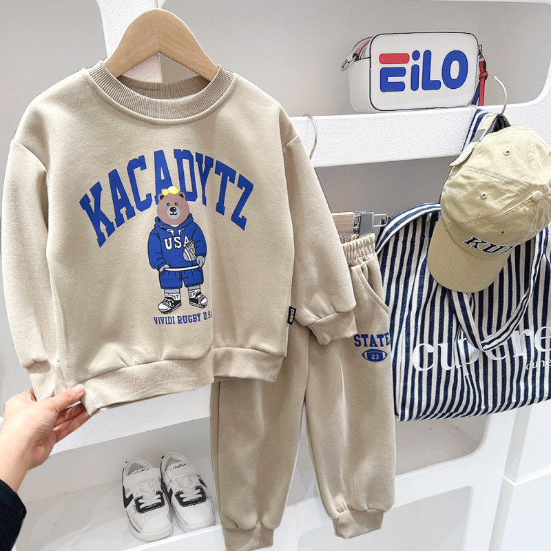 Costum pentru copii din două piese, cu model animal desenat, mâneci lungi, top pulover, 95% bumbac