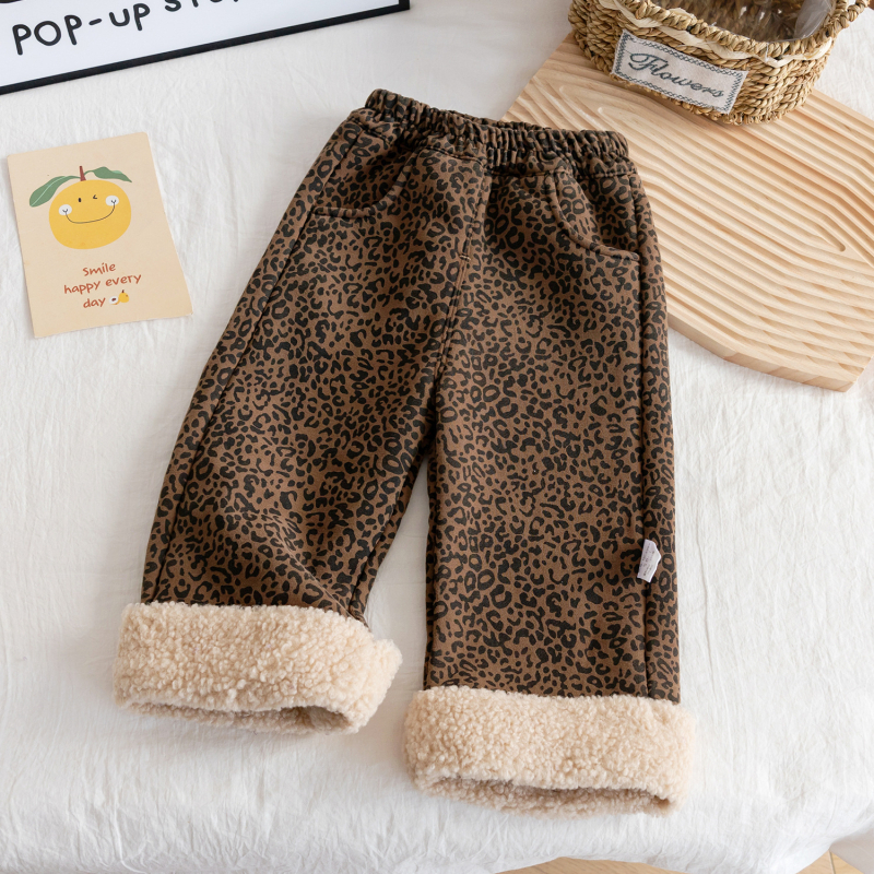 Dječje hlače za djevojčice s leopard printom, duge, srednji pojas, 50% kašmir, casual pleteni kroj