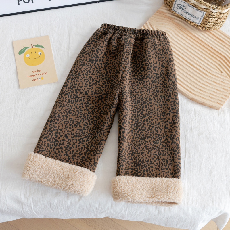 Dječje hlače za djevojčice s leopard printom, duge, srednji pojas, 50% kašmir, casual pleteni kroj