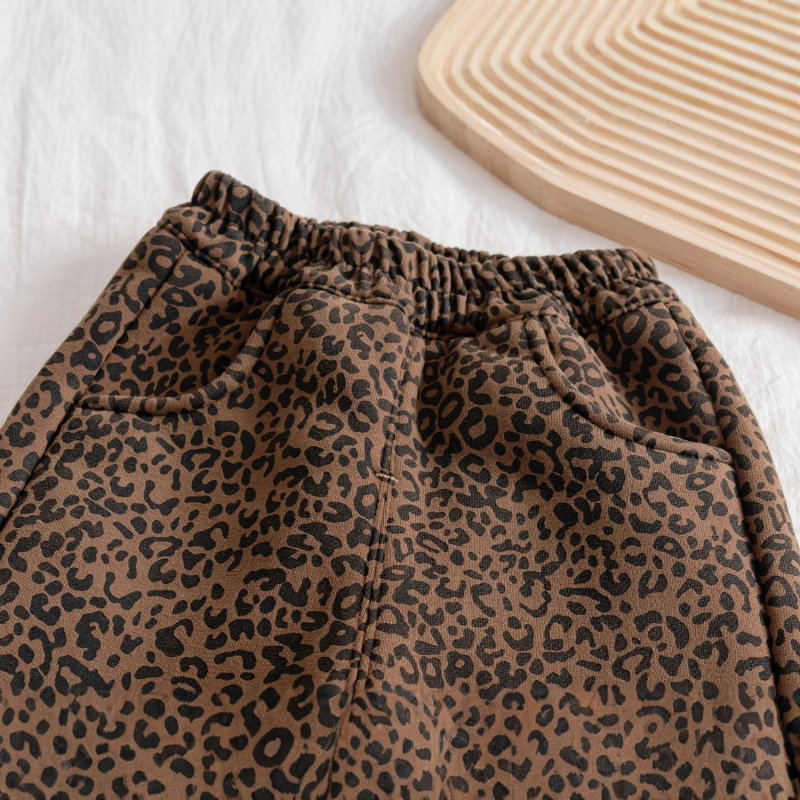 Dječje hlače za djevojčice s leopard printom, duge, srednji pojas, 50% kašmir, casual pleteni kroj