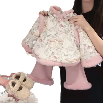 Set de iarnă pentru fetițe, două piese, stil coreean, căptușit cu fleece, satin poliester 95%, imprimeu desene animate