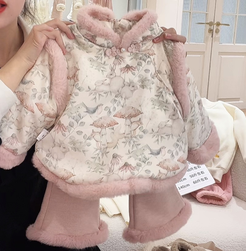 Set de iarnă pentru fetițe, două piese, stil coreean, căptușit cu fleece, satin poliester 95%, imprimeu desene animate