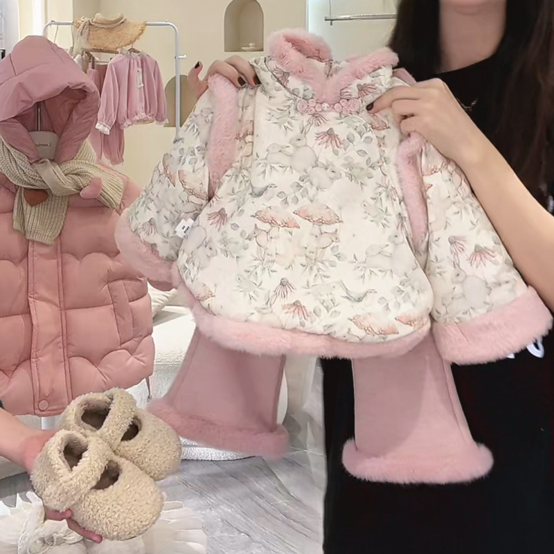 Set de iarnă pentru fetițe, două piese, stil coreean, căptușit cu fleece, satin poliester 95%, imprimeu desene animate